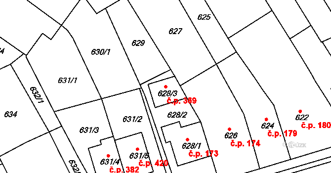 Rousínov 369 na parcele st. 628/3 v KÚ Rousínov u Vyškova, Katastrální mapa