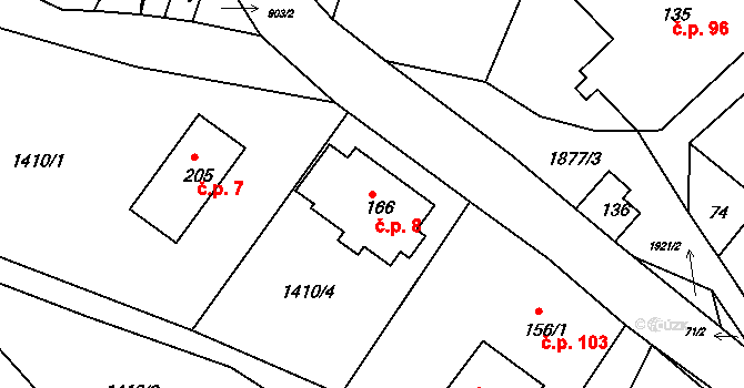 Roztoky u Semil 8 na parcele st. 166 v KÚ Roztoky u Semil, Katastrální mapa