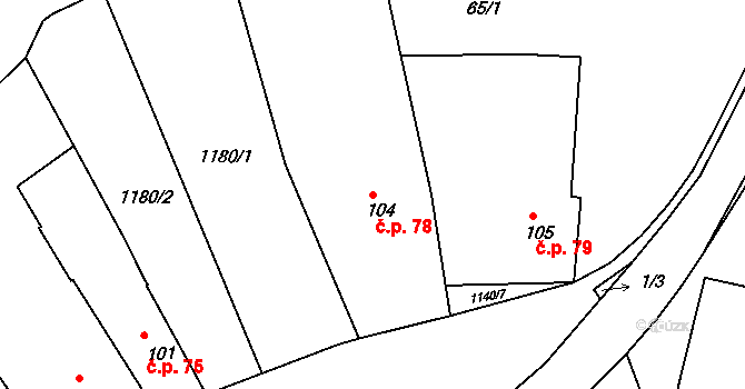 Rožmberk nad Vltavou 78 na parcele st. 104 v KÚ Rožmberk nad Vltavou, Katastrální mapa
