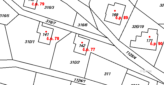 Nedvězí 77, Slaná na parcele st. 142 v KÚ Nedvězí u Semil, Katastrální mapa