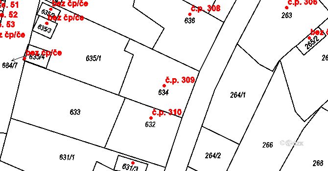 Miřetice u Klášterce nad Ohří 309, Klášterec nad Ohří na parcele st. 634 v KÚ Miřetice u Klášterce nad Ohří, Katastrální mapa