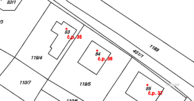 Janůvky 36 na parcele st. 84 v KÚ Janůvky, Katastrální mapa
