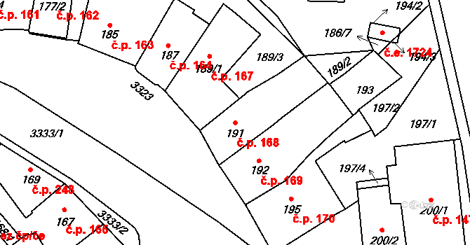 Pelhřimov 168 na parcele st. 191 v KÚ Pelhřimov, Katastrální mapa