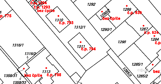 Pelhřimov 794 na parcele st. 1311 v KÚ Pelhřimov, Katastrální mapa