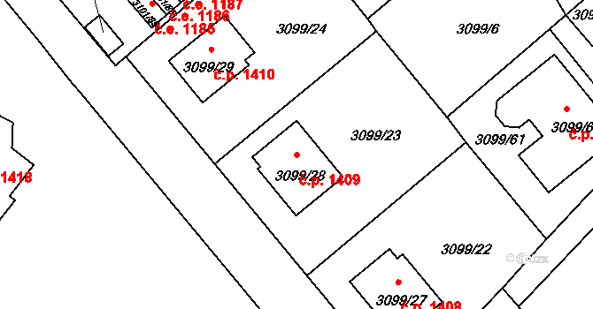 Pelhřimov 1409 na parcele st. 3099/28 v KÚ Pelhřimov, Katastrální mapa