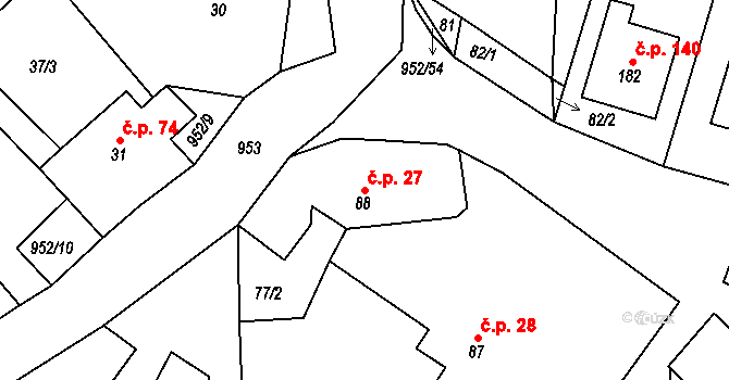 Rozseč nad Kunštátem 27 na parcele st. 88 v KÚ Rozseč nad Kunštátem, Katastrální mapa