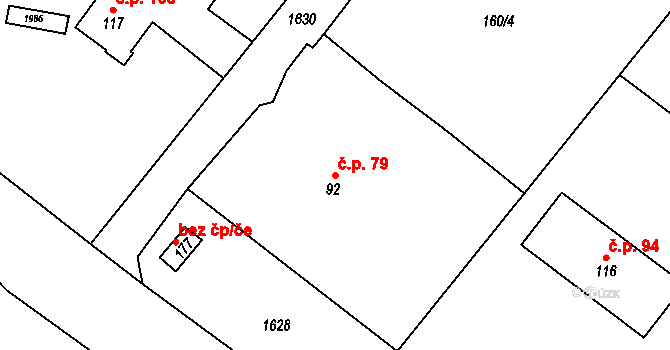 Okrouhlé Hradiště 79, Konstantinovy Lázně na parcele st. 92 v KÚ Okrouhlé Hradiště, Katastrální mapa