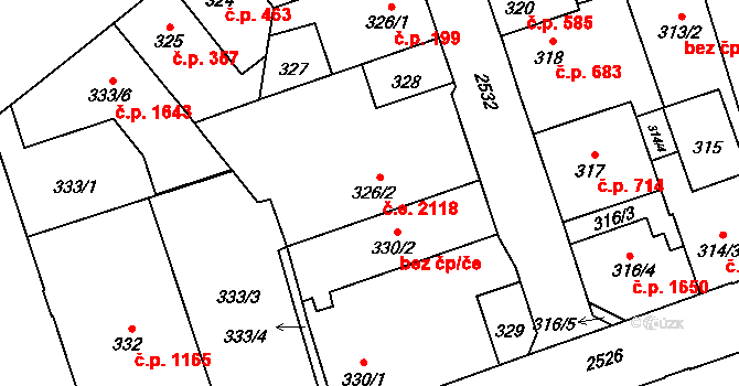 Radotín 2118, Praha na parcele st. 326/2 v KÚ Radotín, Katastrální mapa
