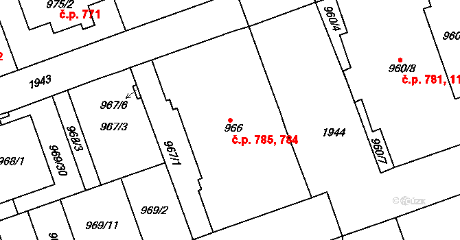Podolí 784,785, Praha na parcele st. 966 v KÚ Podolí, Katastrální mapa