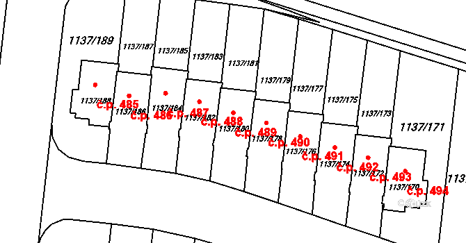 Čimice 489, Praha na parcele st. 1137/180 v KÚ Čimice, Katastrální mapa