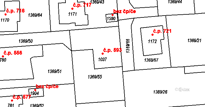 Rožmitál pod Třemšínem 593 na parcele st. 1037 v KÚ Rožmitál pod Třemšínem, Katastrální mapa