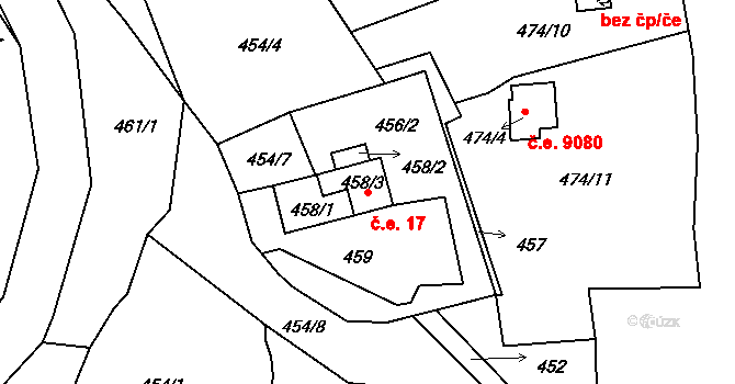 Ryjice 17 na parcele st. 458/3 v KÚ Ryjice, Katastrální mapa