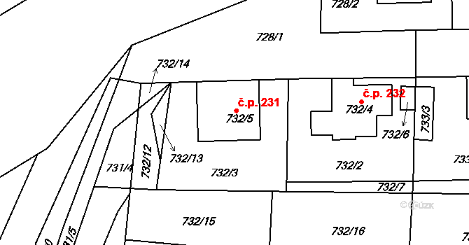 Úštěk-Českolipské Předměstí 231, Úštěk na parcele st. 732/5 v KÚ Úštěk, Katastrální mapa