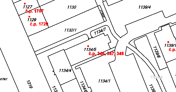 Koterov 346,347,348, Plzeň na parcele st. 1134/5 v KÚ Hradiště u Plzně, Katastrální mapa