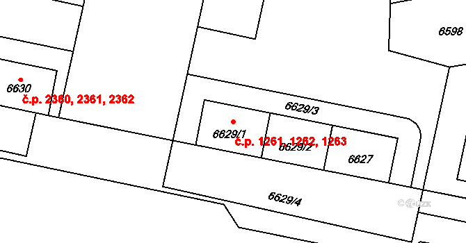 Jižní Předměstí 1261,1262,1263, Plzeň na parcele st. 6629/1 v KÚ Plzeň, Katastrální mapa