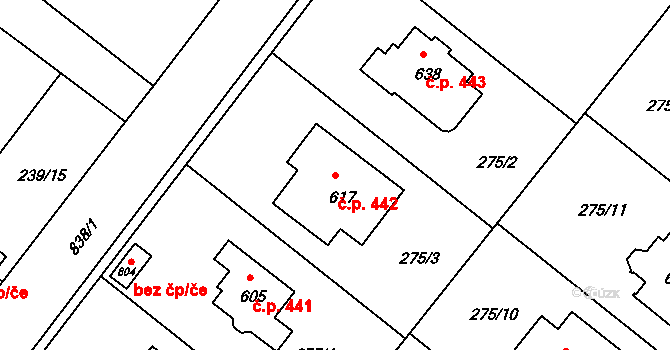 Lázně Toušeň 442 na parcele st. 617 v KÚ Lázně Toušeň, Katastrální mapa