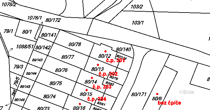 Horky 301, Tábor na parcele st. 80/12 v KÚ Horky u Tábora, Katastrální mapa