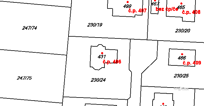 Vysoká nad Labem 406 na parcele st. 431 v KÚ Vysoká nad Labem, Katastrální mapa