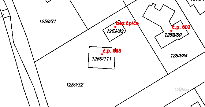 Proboštov 663 na parcele st. 1259/111 v KÚ Proboštov u Teplic, Katastrální mapa