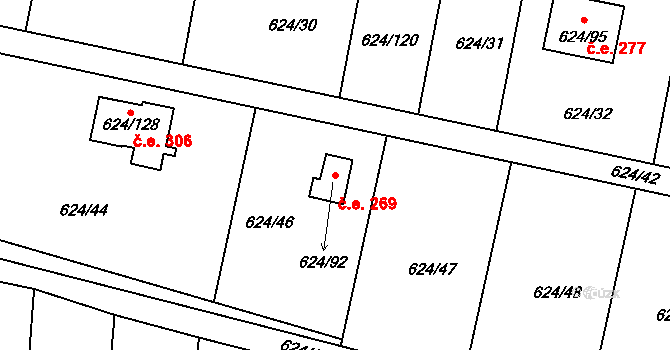 Žižlavice 269, Blansko na parcele st. 624/92 v KÚ Těchov, Katastrální mapa