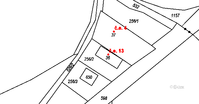 Bernov 13, Krajková na parcele st. 36 v KÚ Leopoldovy Hamry, Katastrální mapa