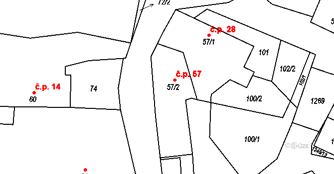 Tomice 57 na parcele st. 57/2 v KÚ Tomice u Dolních Kralovic, Katastrální mapa