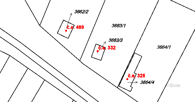 Roudnice nad Labem 332 na parcele st. 3663/3 v KÚ Roudnice nad Labem, Katastrální mapa