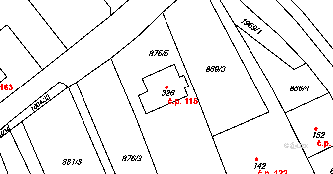 Hrádek na Vlárské dráze 115, Slavičín na parcele st. 326 v KÚ Hrádek na Vlárské dráze, Katastrální mapa