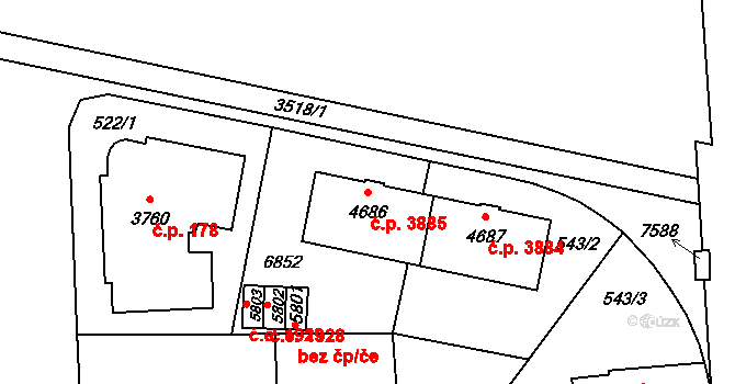 Zlín 3885 na parcele st. 4686 v KÚ Zlín, Katastrální mapa