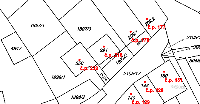 Moravské Prusy 216, Prusy-Boškůvky na parcele st. 291 v KÚ Moravské Prusy, Katastrální mapa