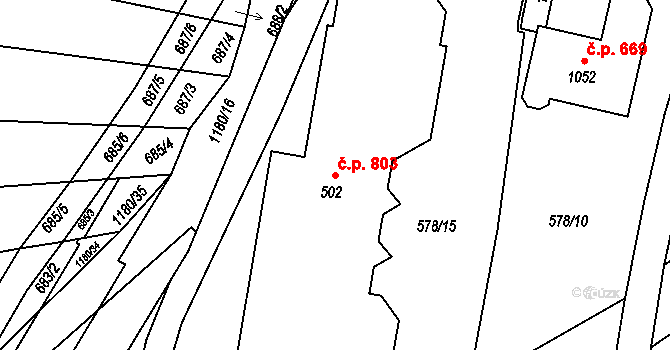 Prštné 803, Zlín na parcele st. 502 v KÚ Prštné, Katastrální mapa