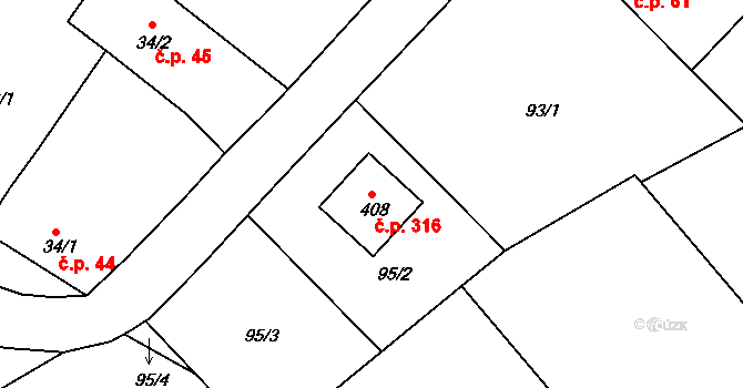 Rosice 316 na parcele st. 408 v KÚ Rosice u Chrasti, Katastrální mapa