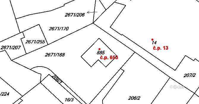 Černilov 653 na parcele st. 885 v KÚ Černilov, Katastrální mapa