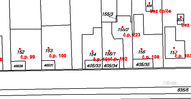 Třebotov 101 na parcele st. 154 v KÚ Třebotov, Katastrální mapa