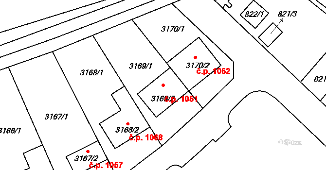 Lužice 1051 na parcele st. 3169/2 v KÚ Lužice u Hodonína, Katastrální mapa