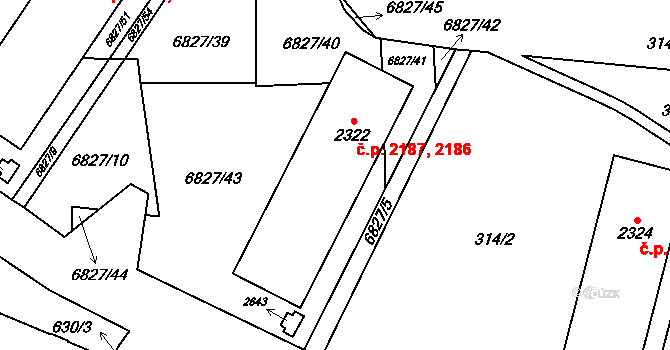 Žatec 2186,2187 na parcele st. 2322 v KÚ Žatec, Katastrální mapa
