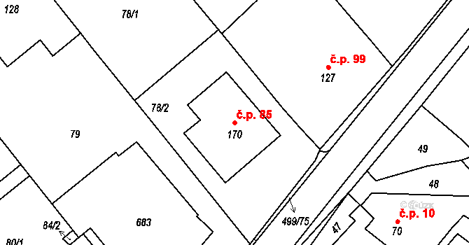 Šelešovice 85 na parcele st. 170 v KÚ Šelešovice, Katastrální mapa