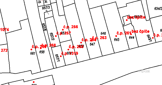 Holešov 264 na parcele st. 650 v KÚ Holešov, Katastrální mapa