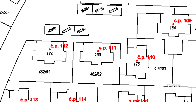 Rodov 111, Smiřice na parcele st. 180 v KÚ Rodov, Katastrální mapa