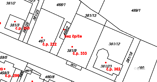 Šanov 333 na parcele st. 381/9 v KÚ Šanov nad Jevišovkou, Katastrální mapa