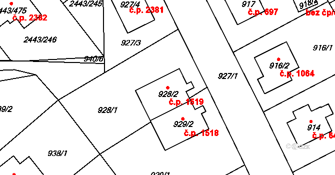 Roztoky 1519 na parcele st. 928/2 v KÚ Roztoky u Prahy, Katastrální mapa