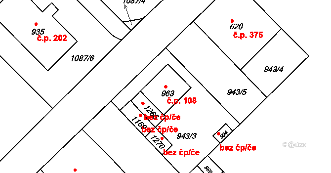 Slavonice 108 na parcele st. 963 v KÚ Slavonice, Katastrální mapa