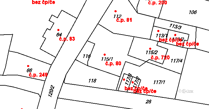 Hrádek nad Nisou 80 na parcele st. 115/1 v KÚ Hrádek nad Nisou, Katastrální mapa