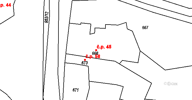 Kostomlaty nad Labem 45 na parcele st. 666 v KÚ Kostomlaty nad Labem, Katastrální mapa