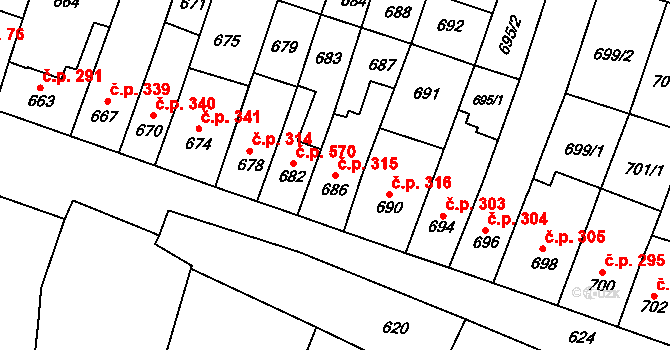 Tuřany 315, Brno na parcele st. 686 v KÚ Tuřany, Katastrální mapa