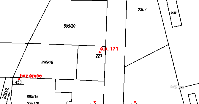 Smolnice 171 na parcele st. 223 v KÚ Smolnice u Loun, Katastrální mapa