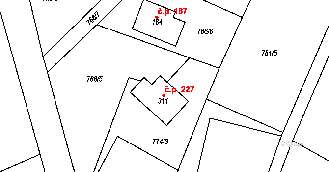 Skalice 227, Frýdek-Místek na parcele st. 311 v KÚ Skalice u Frýdku-Místku, Katastrální mapa