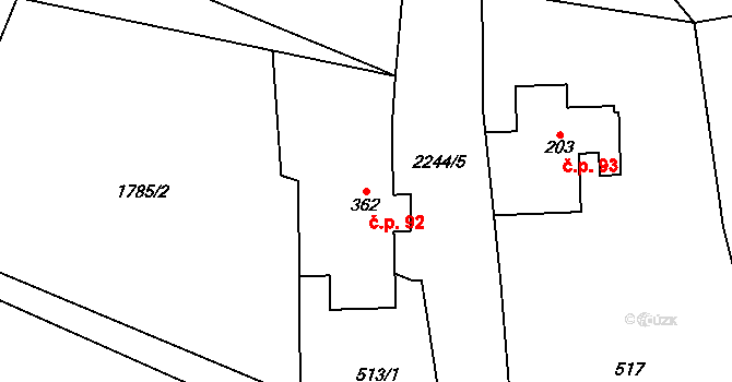 Olešnice v Orlických horách 92 na parcele st. 362 v KÚ Olešnice v Orlických horách, Katastrální mapa