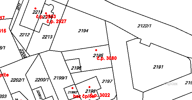 Chomutov 3080 na parcele st. 2195 v KÚ Chomutov II, Katastrální mapa