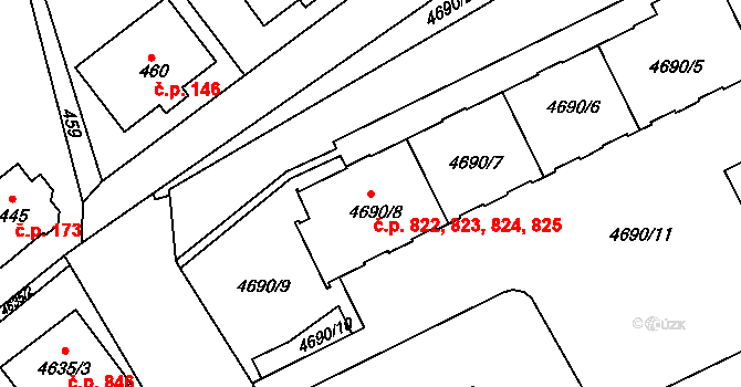 Liberec III-Jeřáb 822,823,824,825, Liberec na parcele st. 4690/5 v KÚ Liberec, Katastrální mapa